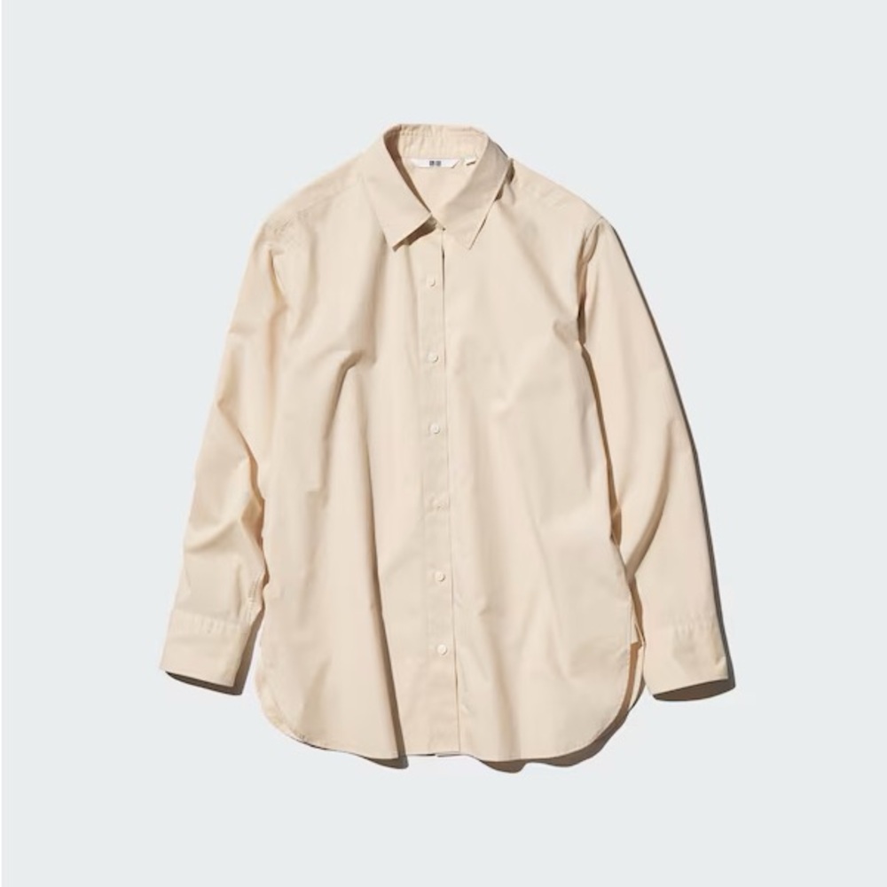 Uniqlo Tan 100% Extra Fine Cotton Long Sleeve Button Down Blouse
